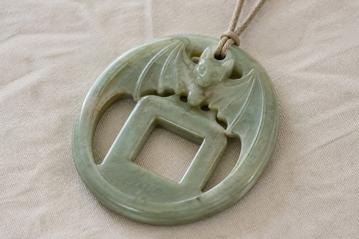 Pale stone bat-and-coin pendant with open spaces around the wings and through its center.
