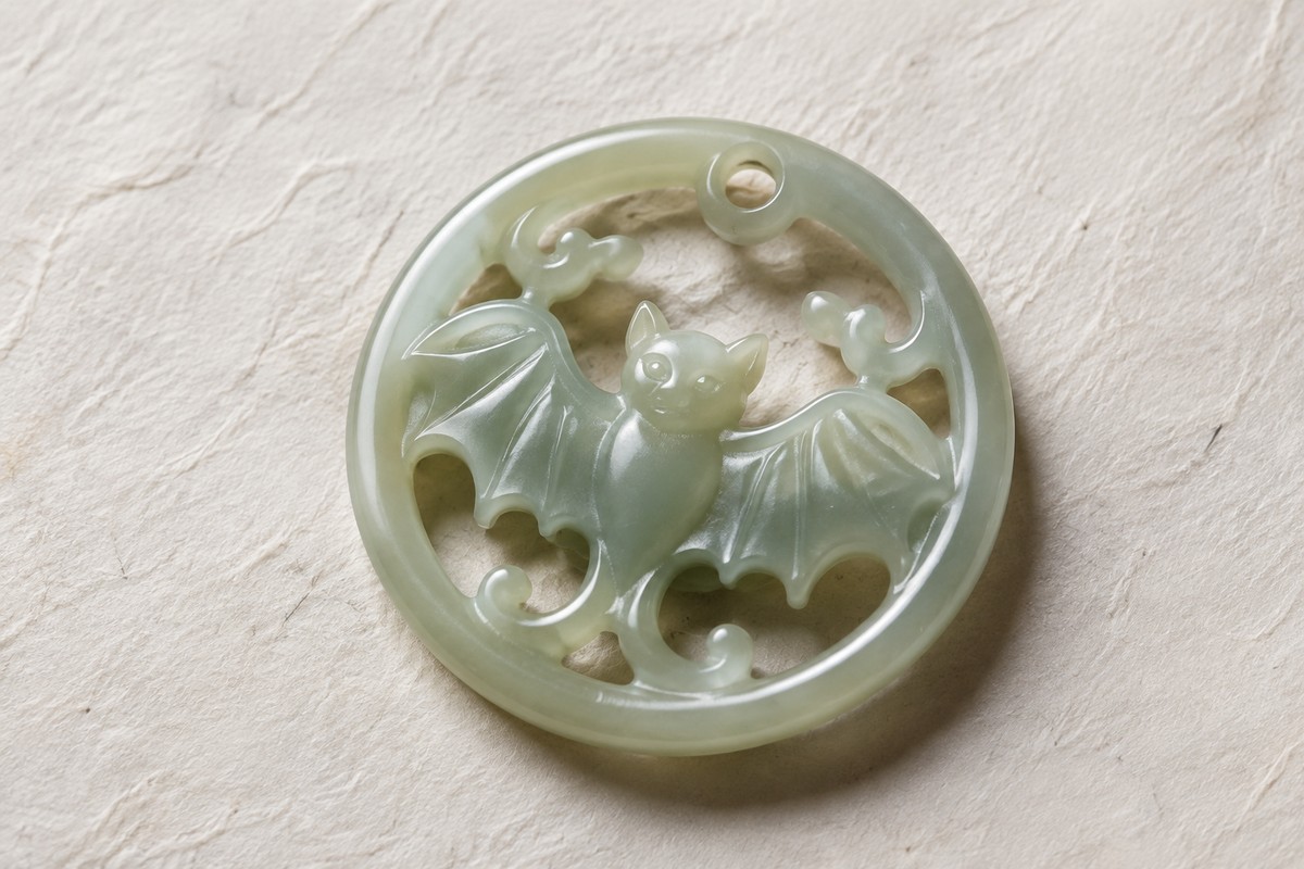 Pale jade pendant with a bat framed by smooth openwork spaces.