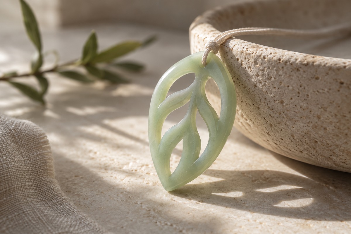 A pale green leaf-shaped pendant has open spaces between its curved veins.