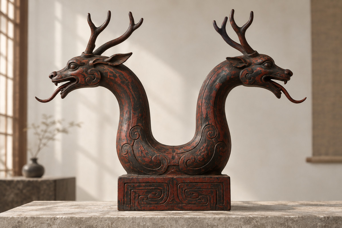 Double-headed lacquered wooden guardian with opposed faces and antlers