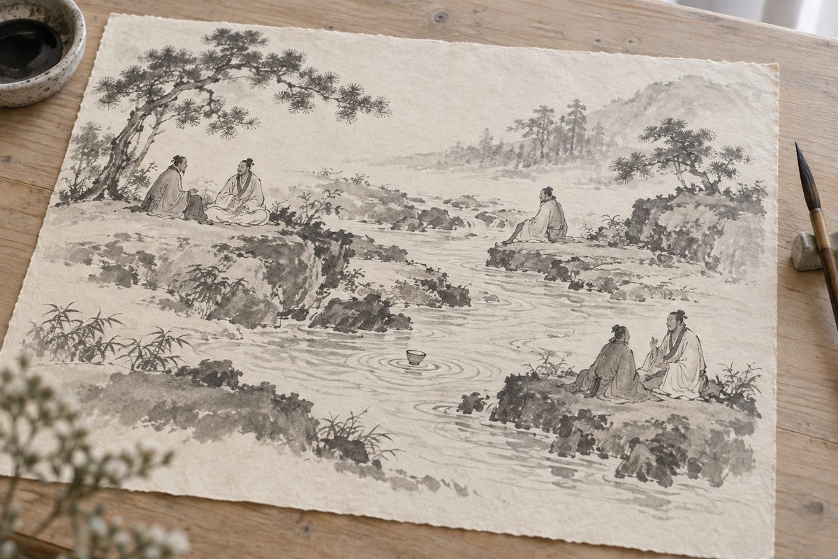An ink-wash study shows five seated figures beside a winding stream on handmade paper.