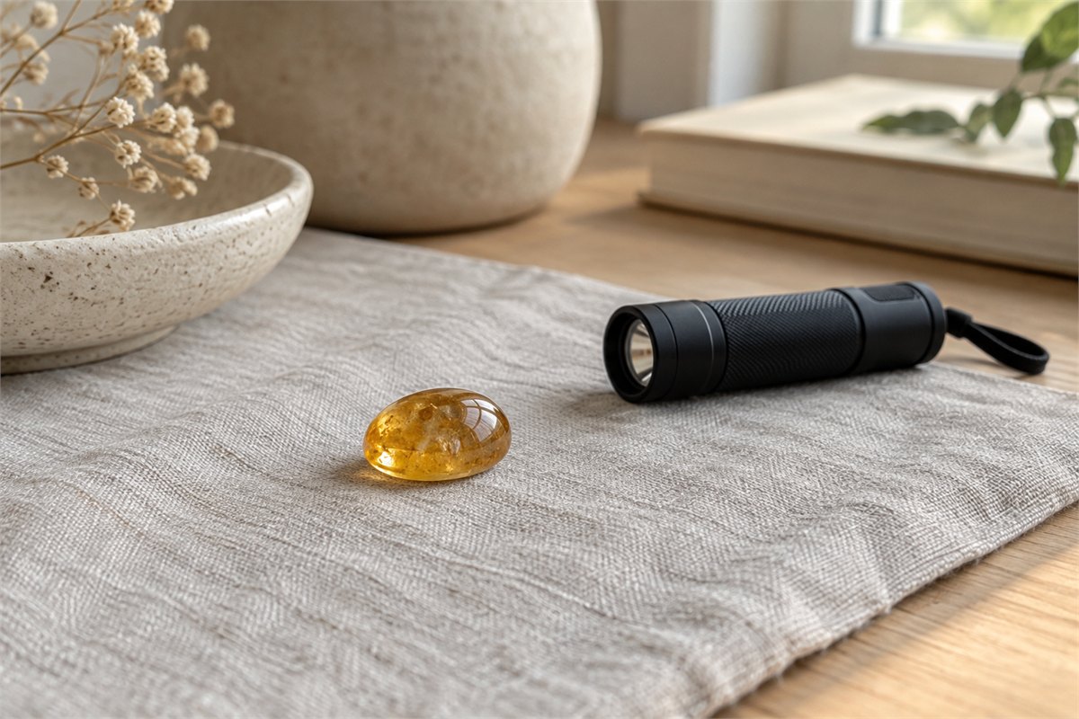 An unlit inspection flashlight beside a golden cabochon on gray linen.
