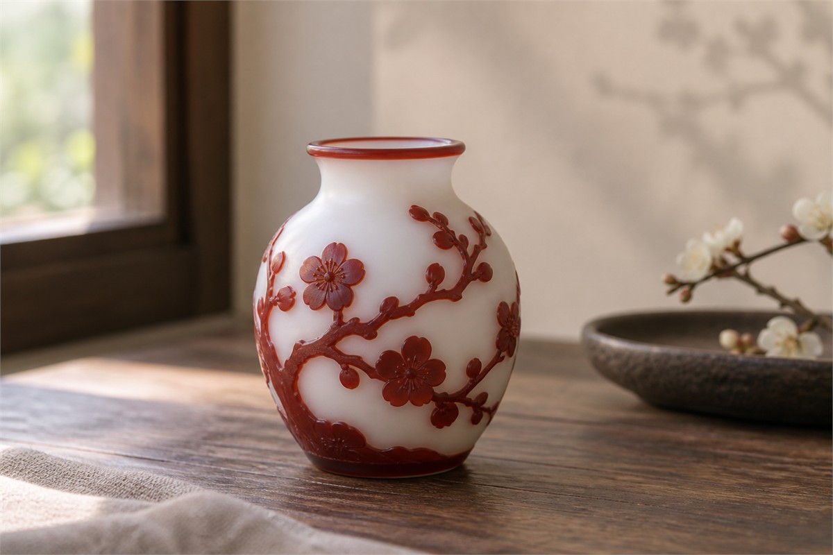 Ivory glass vessel with raised red plum branches and blossoms.