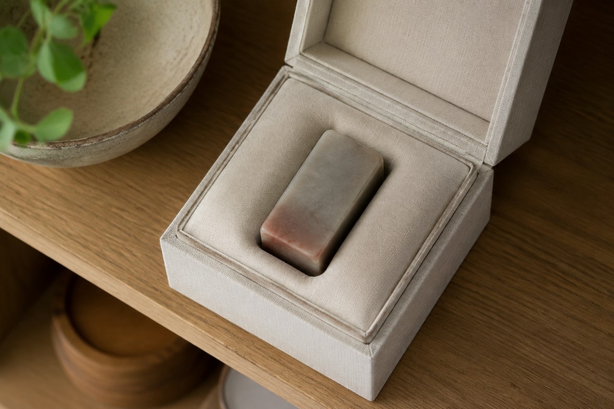 Stone seal resting in a fitted padded case with its face clear of the lining.
