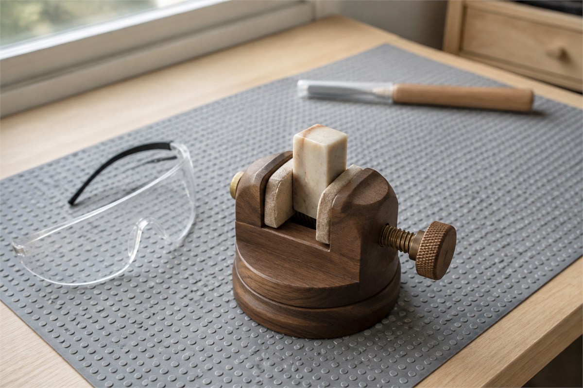 Cream seal blank held between padded wooden jaws on a nonslip mat, with safety glasses and a covered tool nearby.