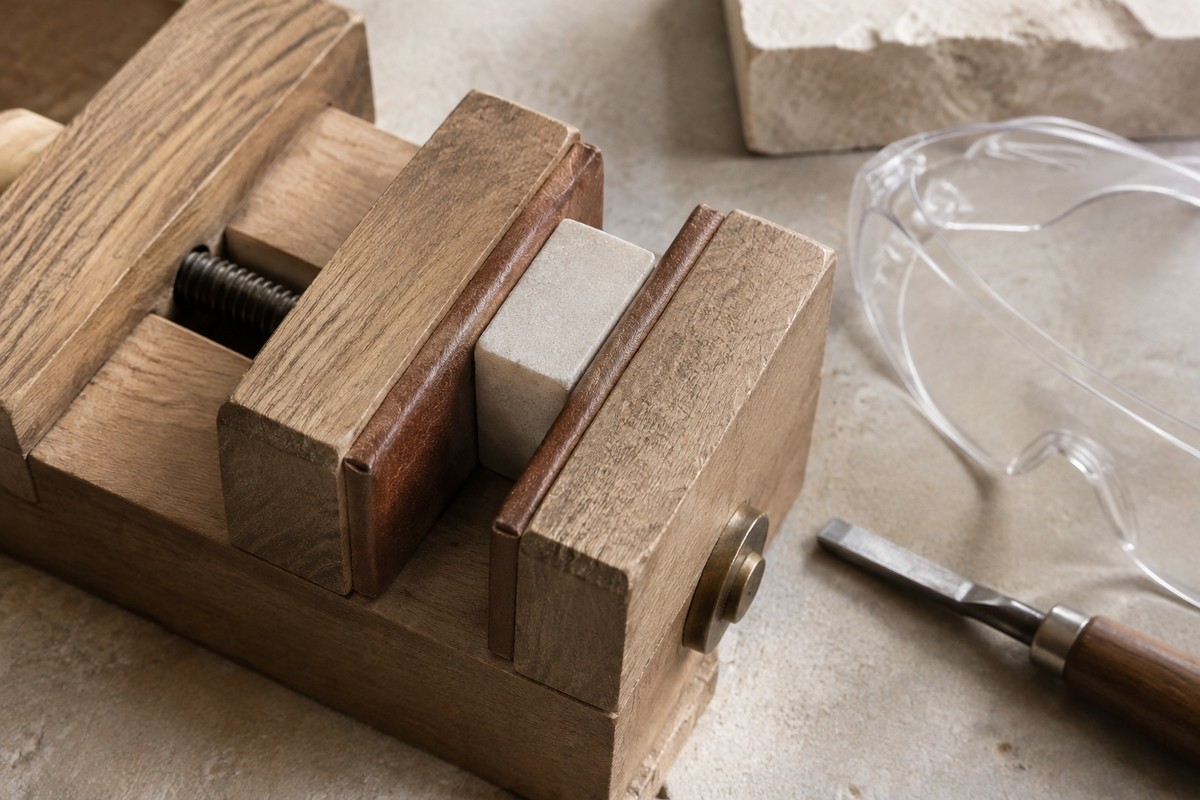 Stone blank held in a padded wooden seal holder beside resting tools.