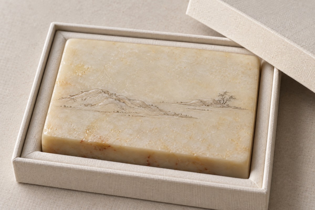 A carved stone rests in a fitted neutral fabric-lined box.