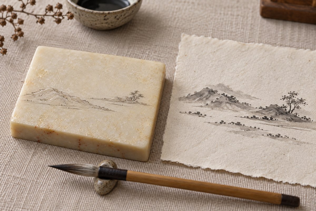 A small low-relief stone rests beside an unlettered landscape brush study.