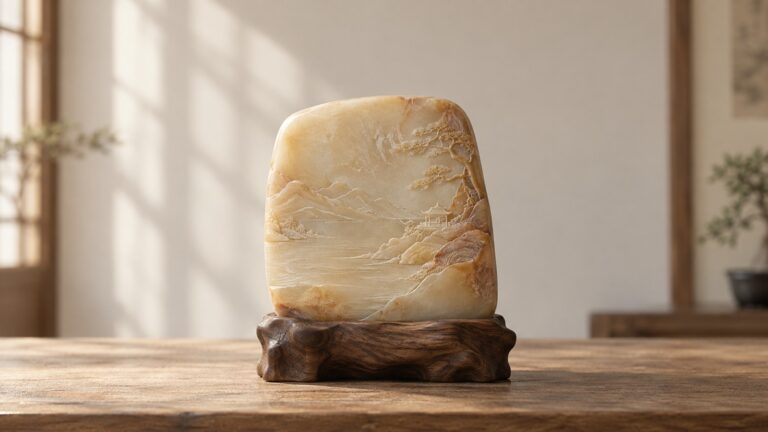 A pale stone landscape carving stands on a small wooden support in soft window light.