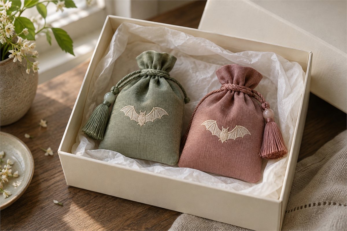 Sage and rose fabric sachets, each with one ivory bat, arranged together in a gift box.