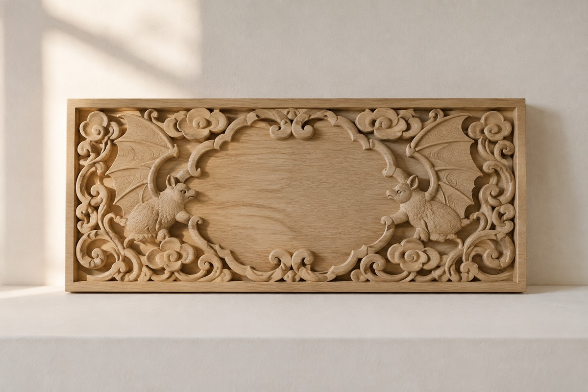 Two inward-facing bats carved symmetrically among clouds on a light wood panel.