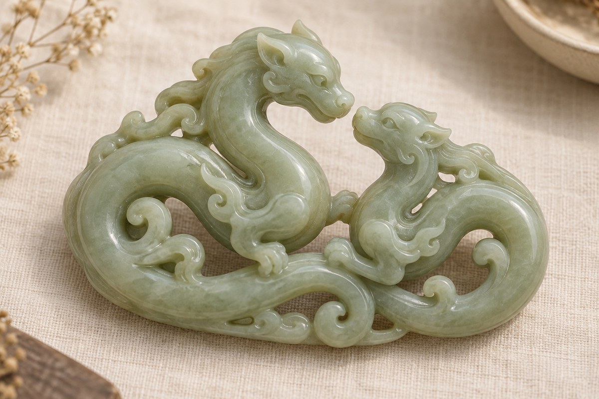 Two pale green carved chi forms face each other within an open oval ornament.