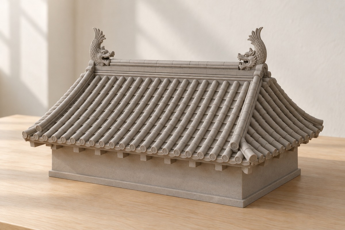 Architectural roof model with two inward-facing Chiwen at the main ridge ends