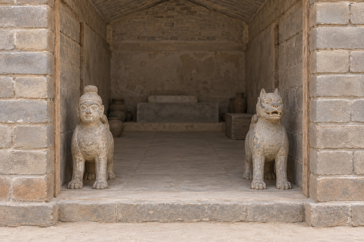 Two clay guardians facing outward from a brick chamber entrance