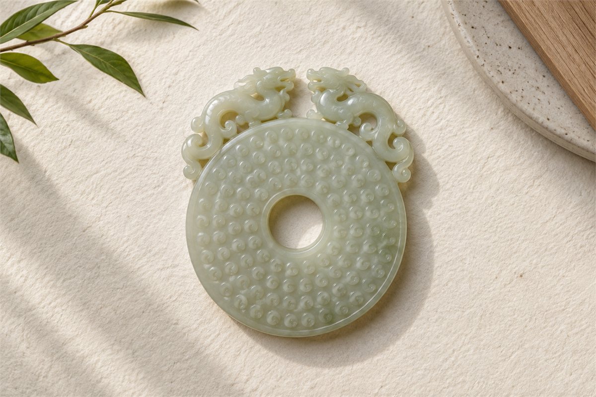 A jade disc has grain curls below an openwork pair of gently curved dragon forms.
