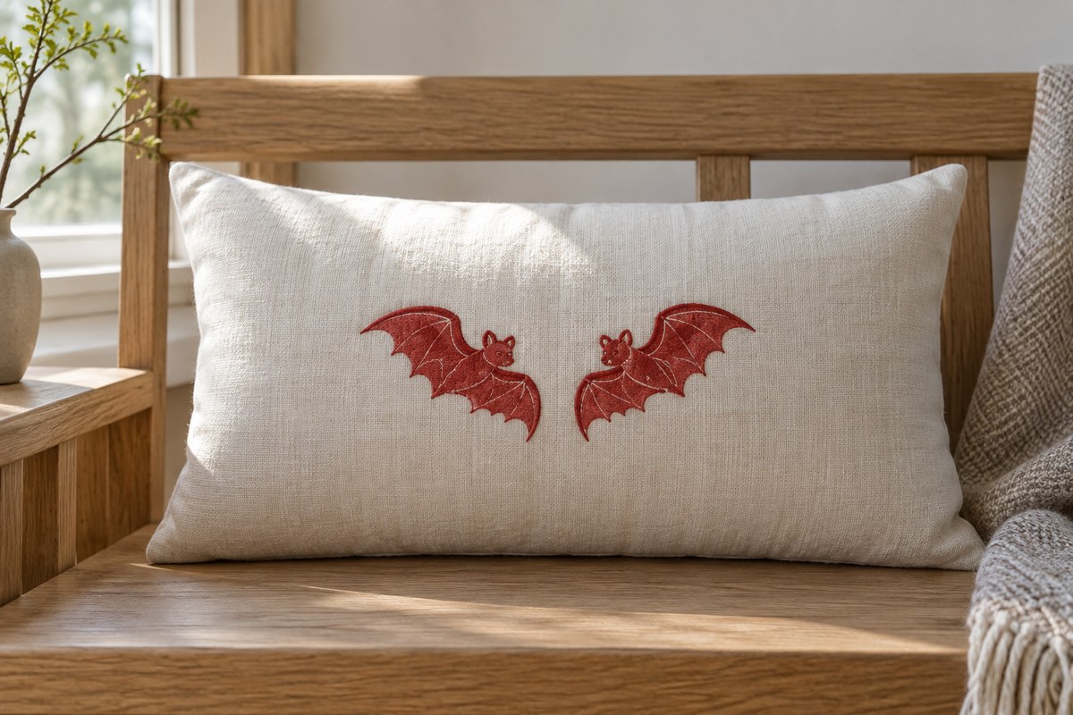Two red embroidered bat motifs face inward on an ivory cushion.