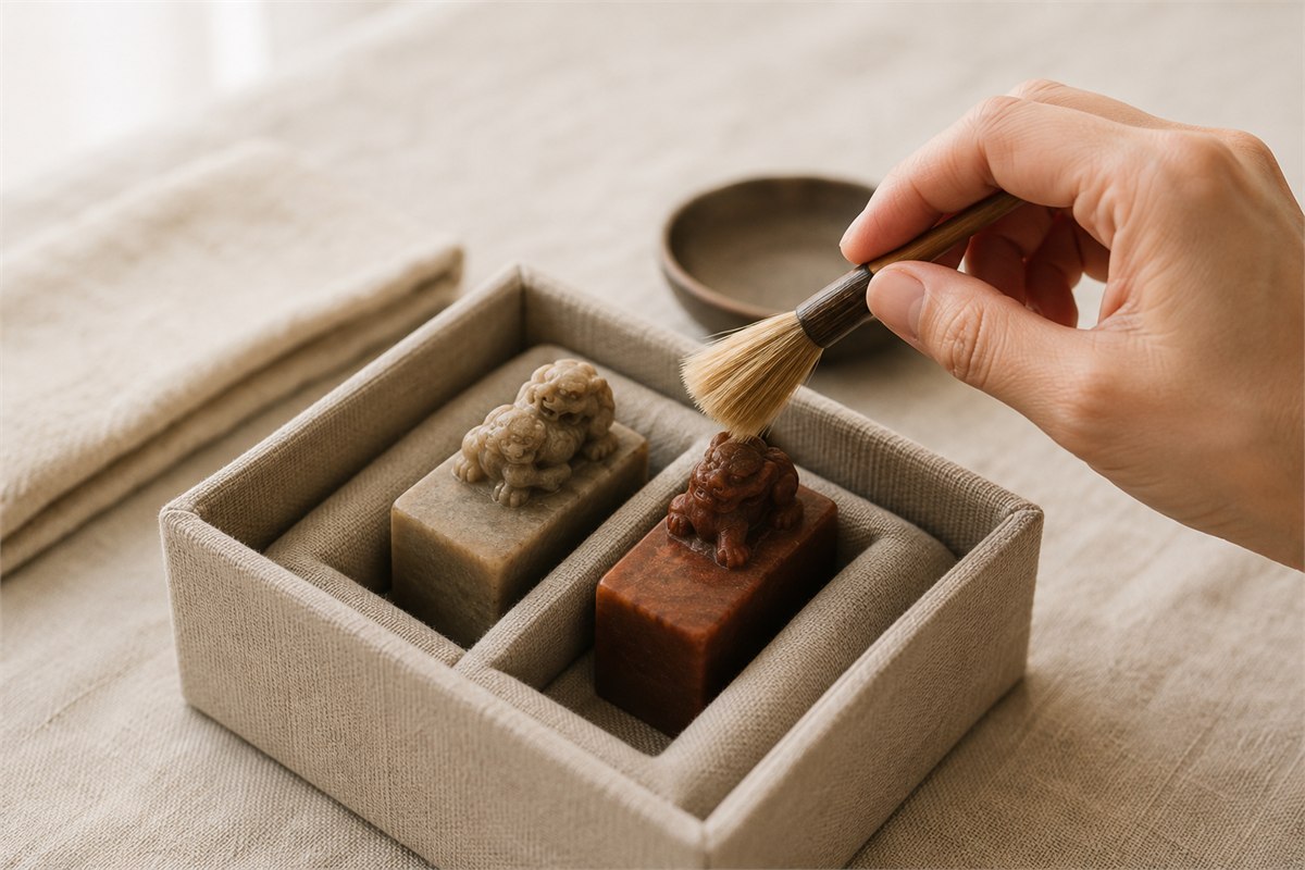 A hand using a soft brush to remove loose paste from a stone seal