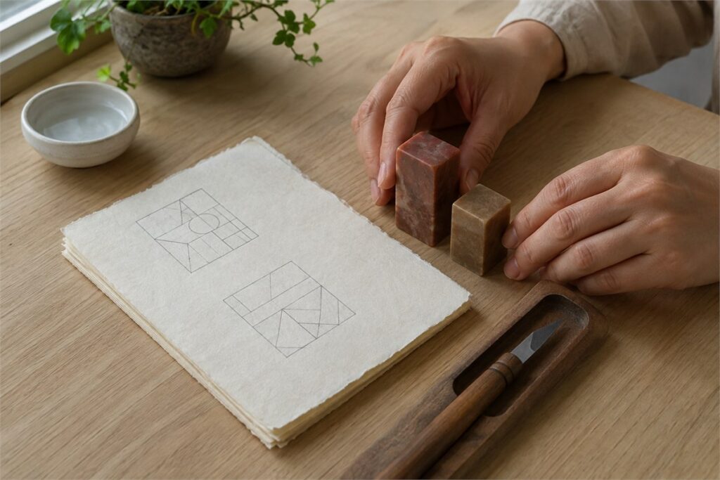 Seal stones, test impressions, ruler, and notes arranged for design review