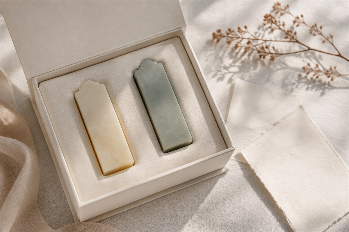 A coordinated pair of stone seals in a simple presentation box