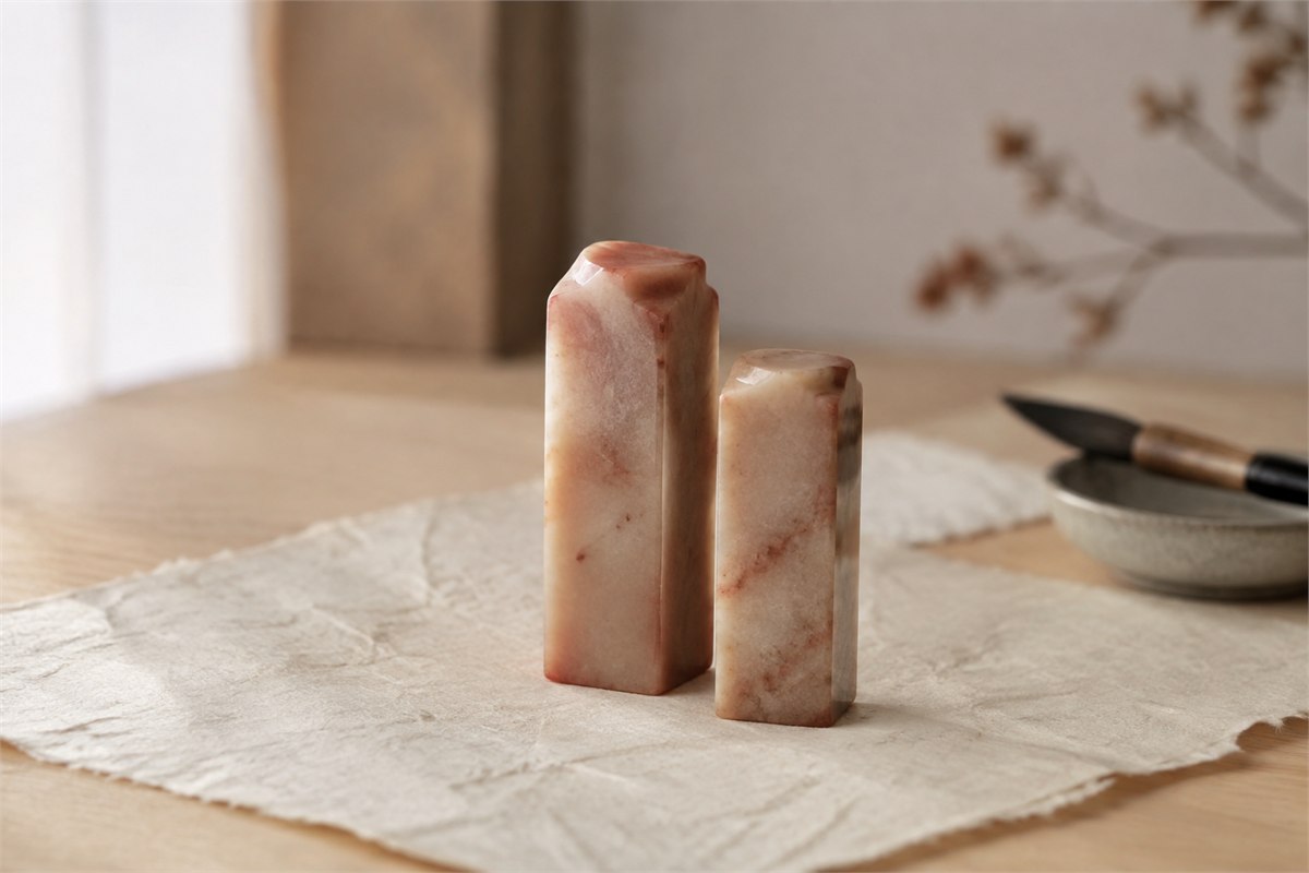 Two coordinated Chinese stone seals beside red paste and blank paper