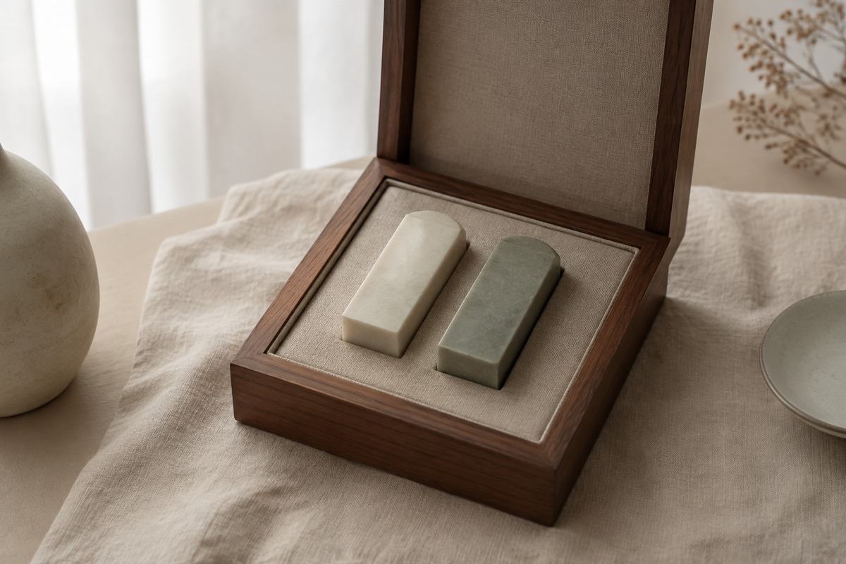Two plain stone seals rest upright in a fitted cloth-lined box.