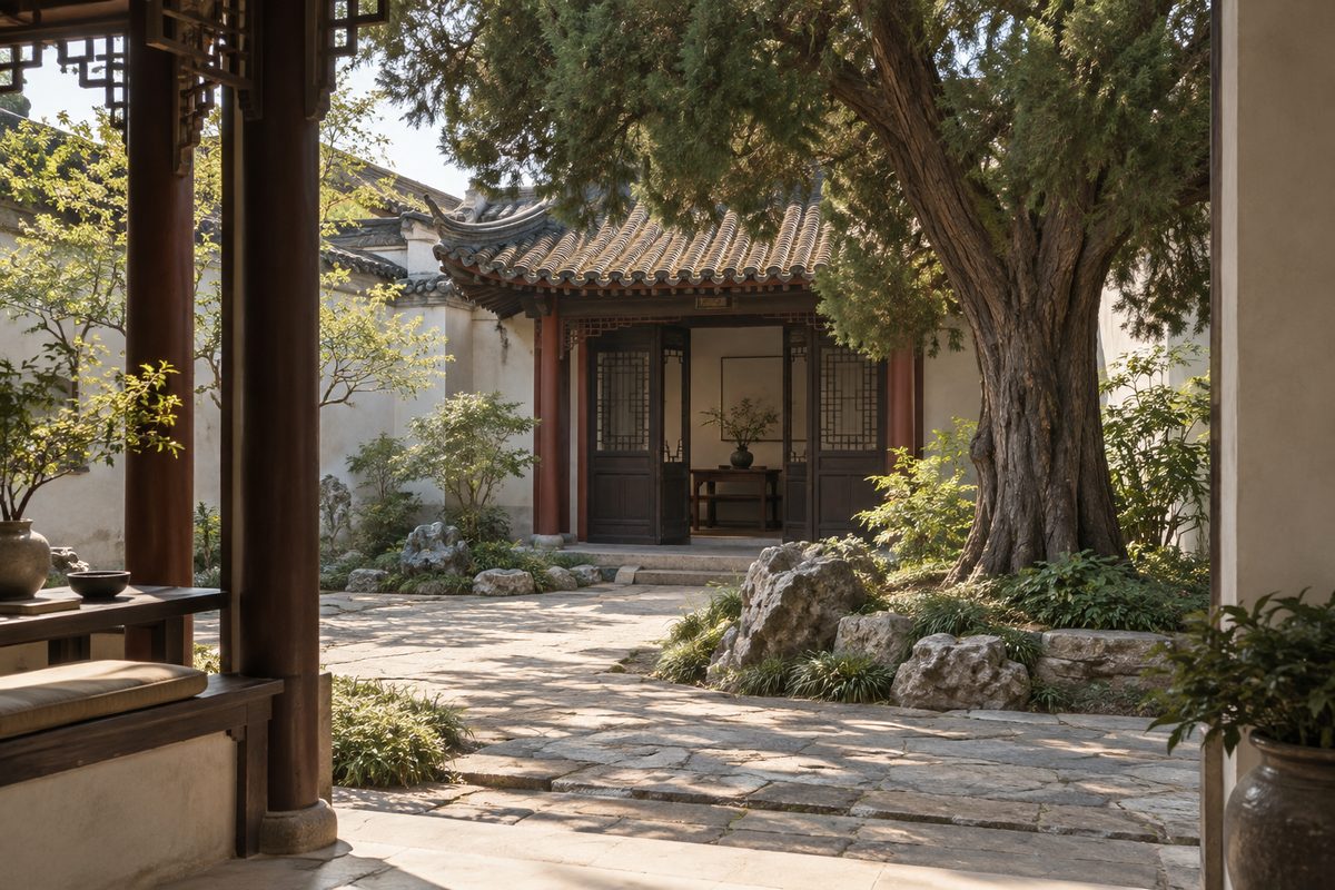 A sheltered palace-style garden courtyard with a tiled roof, stone path, and old tree.