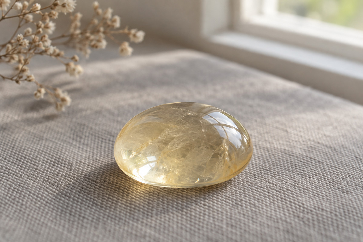 A pale yellow resin cabochon on gray fabric lit from a nearby window.