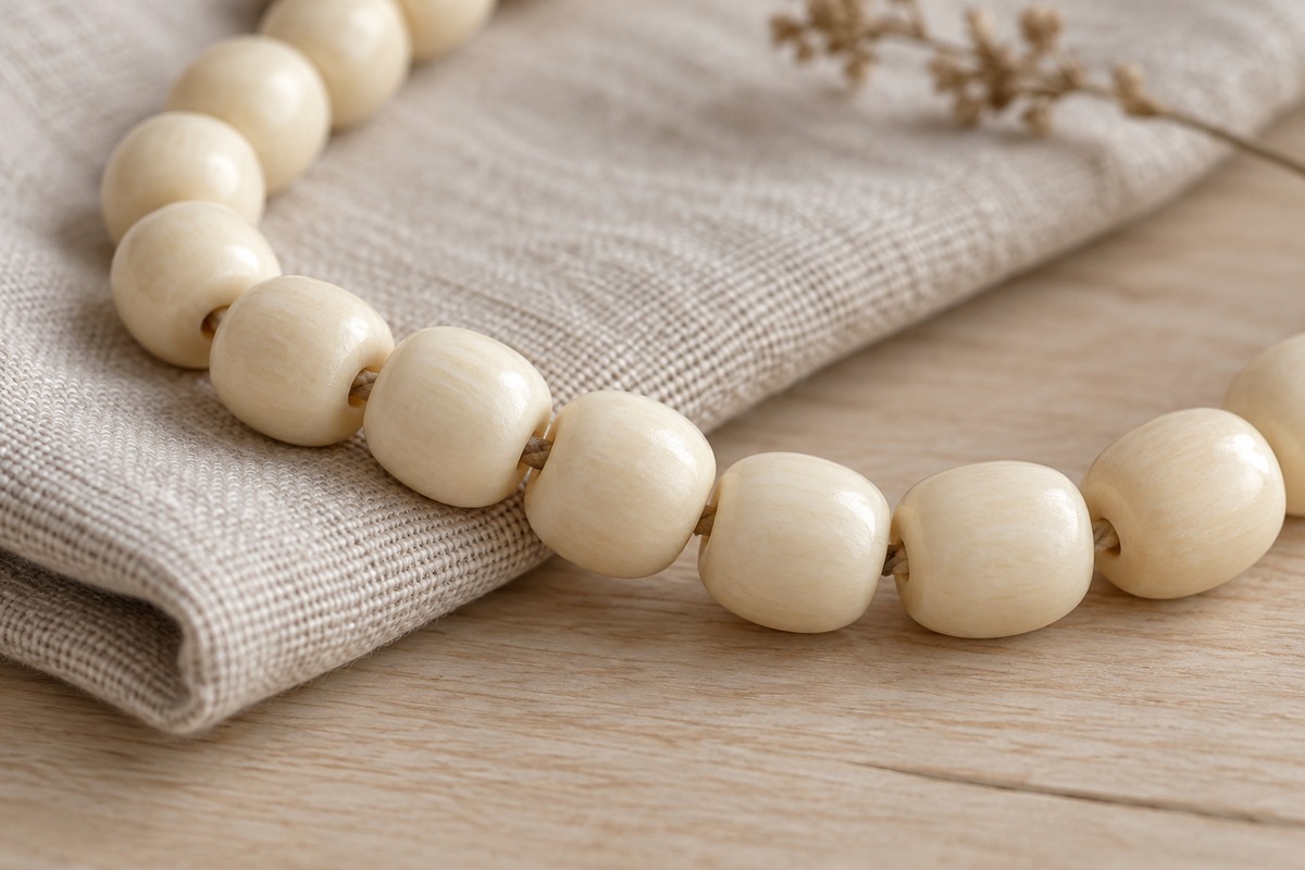 Smooth pale seed beads and beige cord rest across a folded soft linen cloth.
