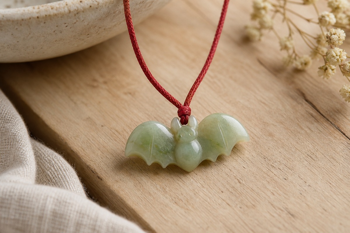 Pale green carved bat pendant suspended from a red cord on pale wood