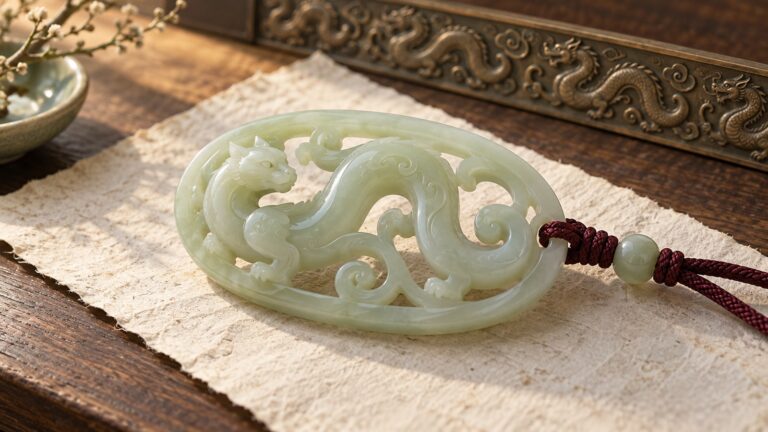 Pale green coiled-dragon ornament on textured paper with a bronze-colored patterned strip behind it.