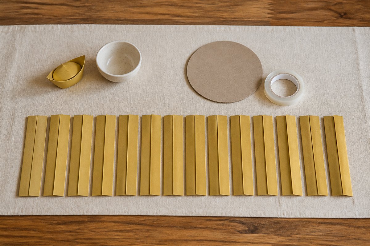 Gold-colored card strips, tape, a card circle and folded paper ornaments lie on a craft table.