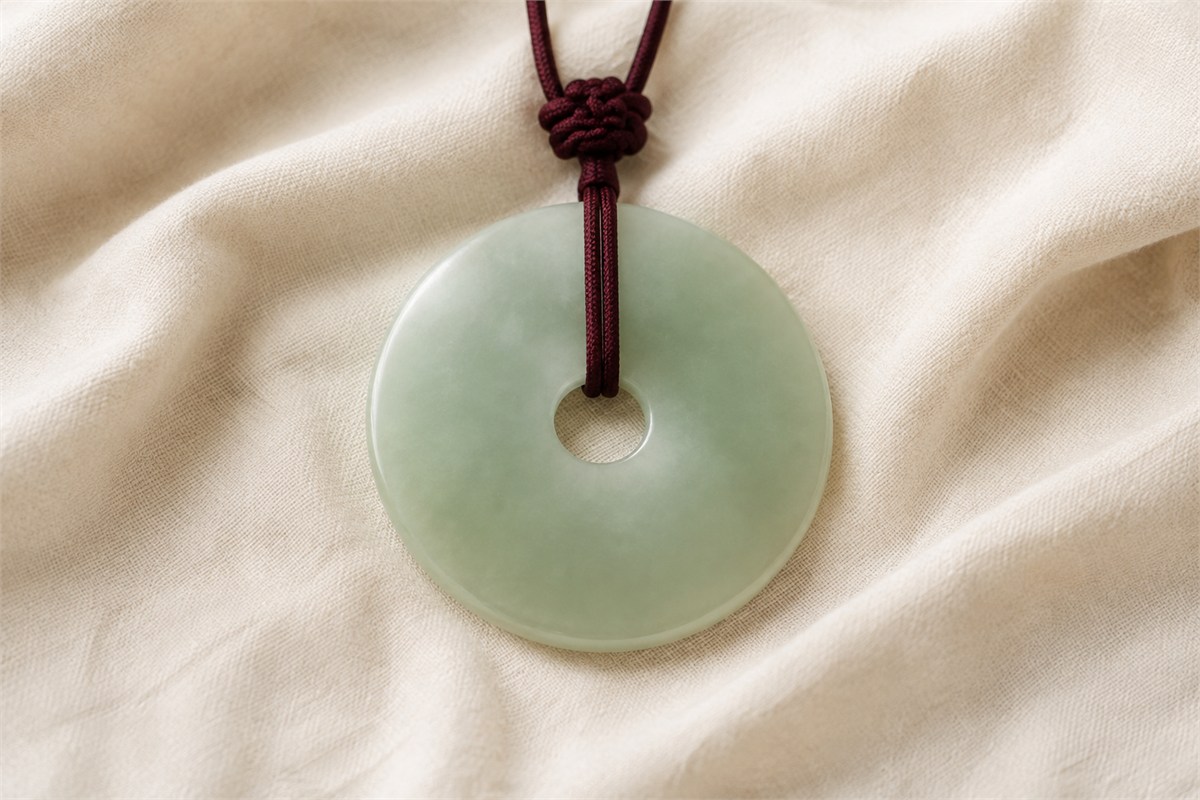 A pale jade disc with one central hole on a muted red cord.