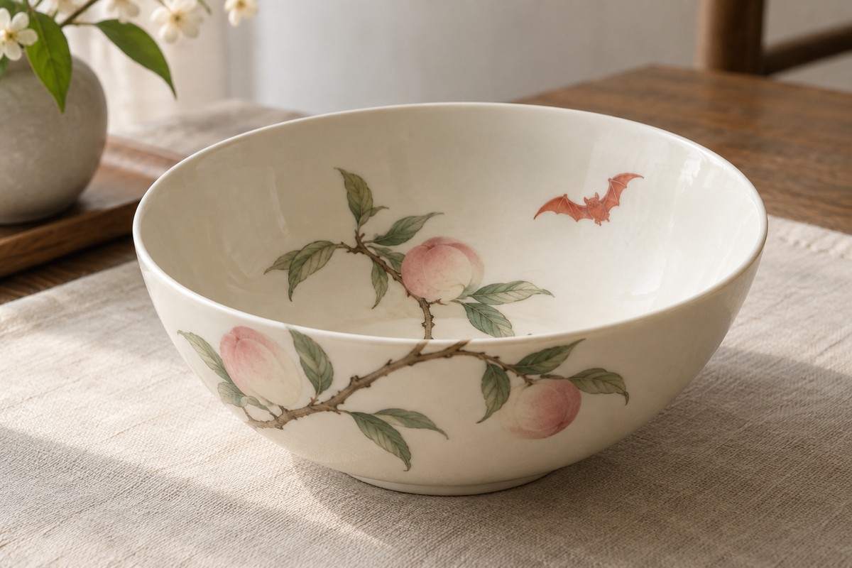 A peach branch continues over the rim of a shallow dish beside a red bat.