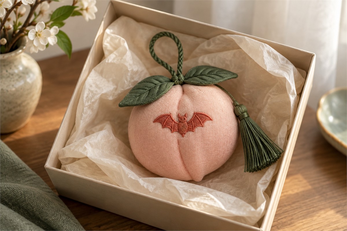 Peach-shaped pink fabric sachet with green leaves and one embroidered bat in a gift box.
