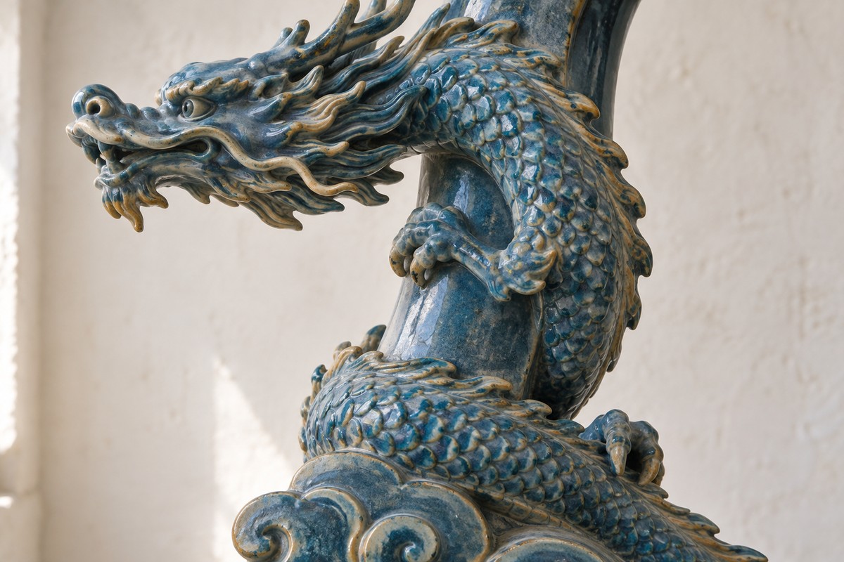 Peacock-blue glazed coiled dragon detail on a ceramic ridge ornament