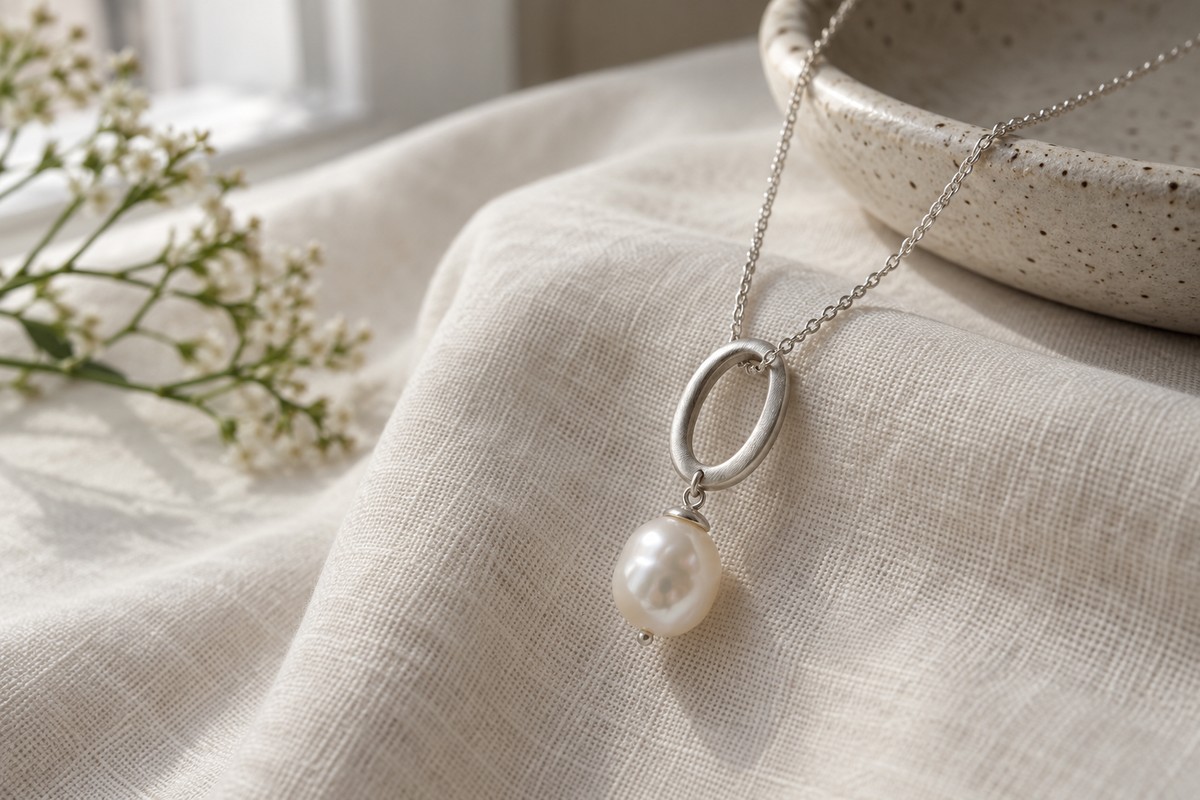 A cream pearl hangs from a small brushed silver loop on pale fabric.
