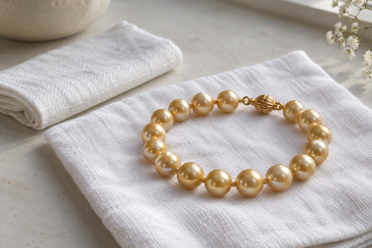 Golden pearl bracelet lying flat on a clean white cloth.