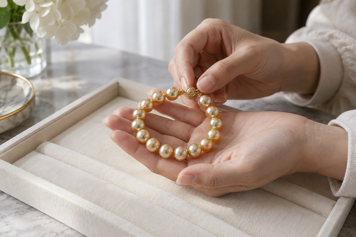 Hands gently holding a pearl bracelet above an ivory padded tray.