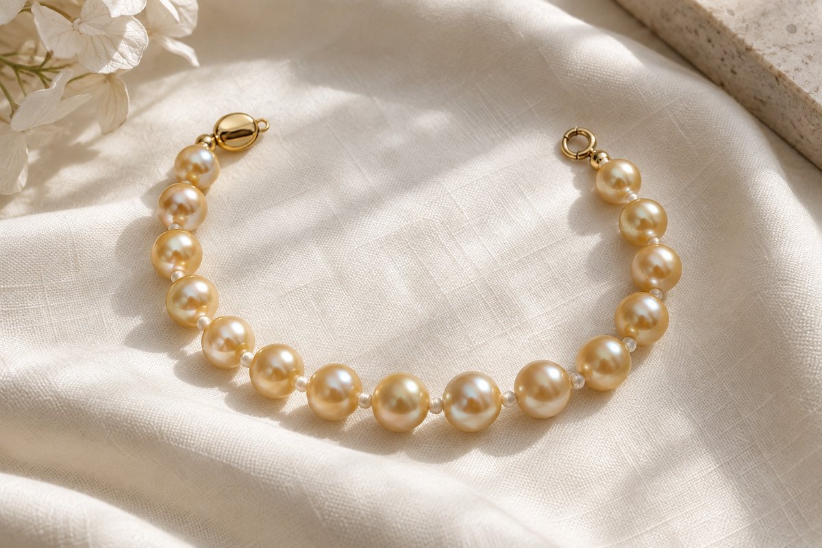 An open golden pearl bracelet showing silk knots and its gold clasp.