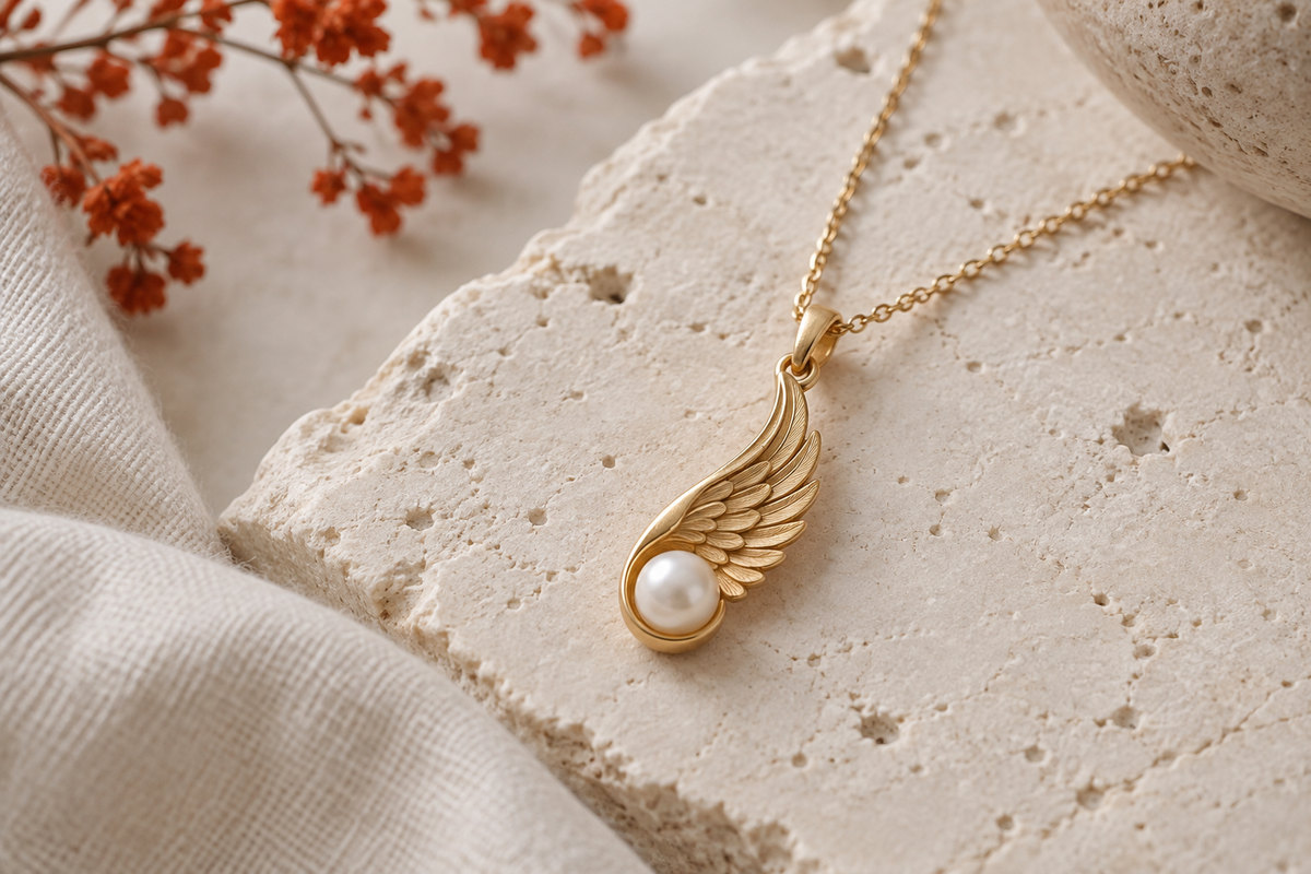 An ivory pearl rests within a small satin-gold wing pendant on pale stone.