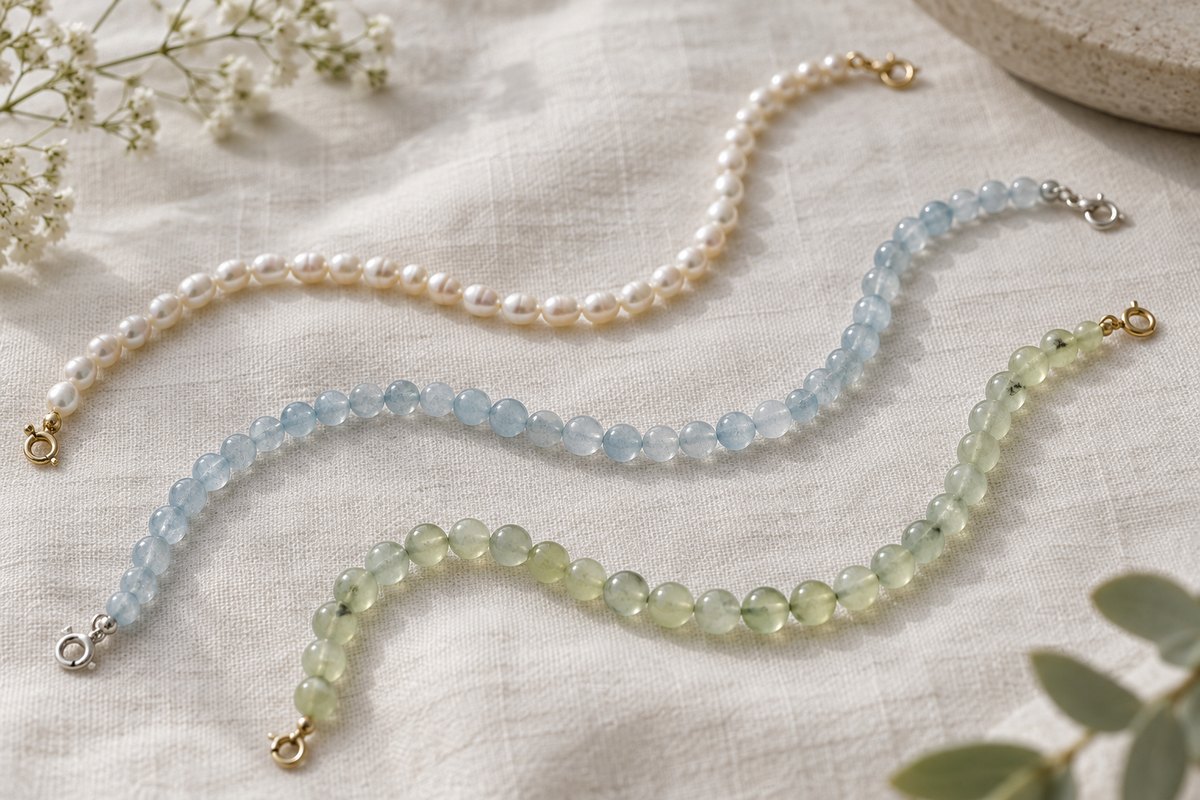 Separate strands of creamy pearls, pale blue beads, and pale green beads on ivory linen.