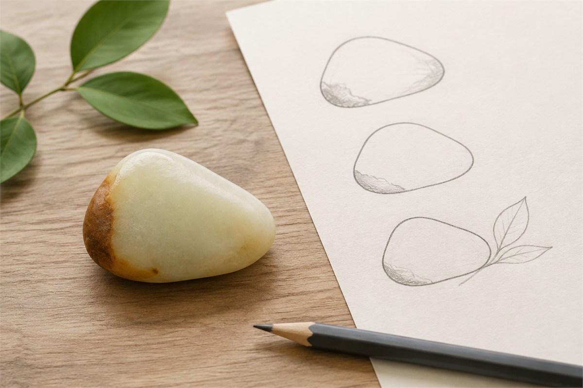 An asymmetrical pale stone beside simple pencil outlines on blank paper.