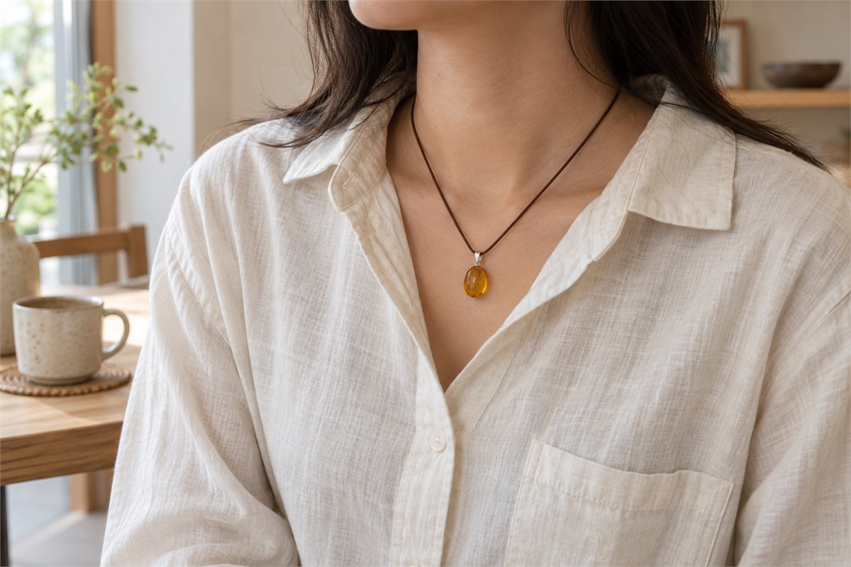 Honey-colored oval pendant worn over an off-white linen shirt.