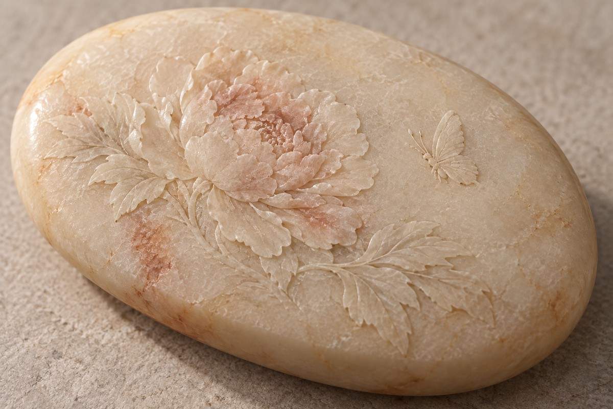 A full peony blossom and one butterfly appear in shallow stone relief.
