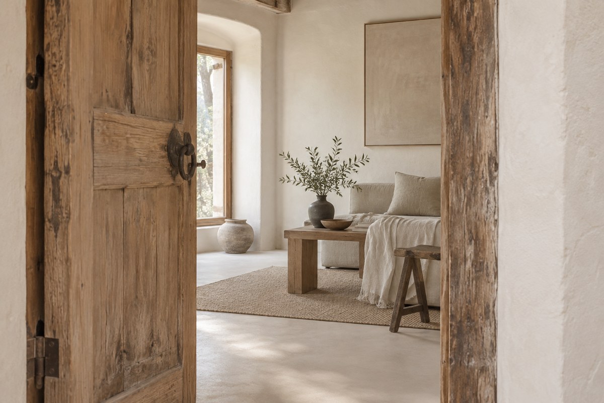 A weathered timber door frame opening into a softly lit room.