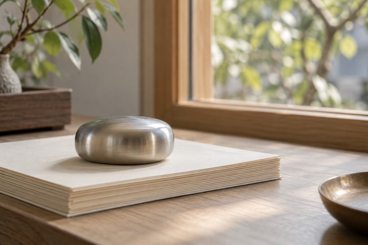 A metal paperweight holding blank paper beside a softly lit window.