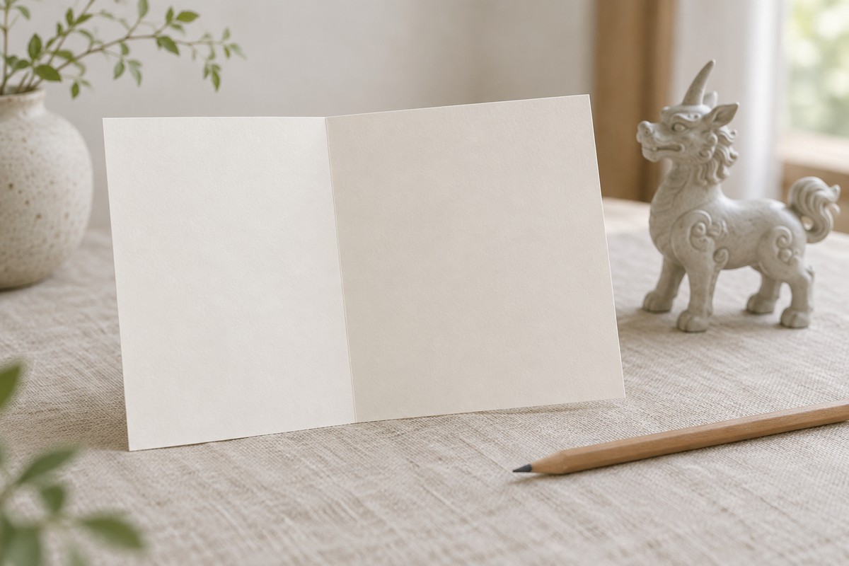 A blank cream card and pencil sit beside a small ceramic Qilin.