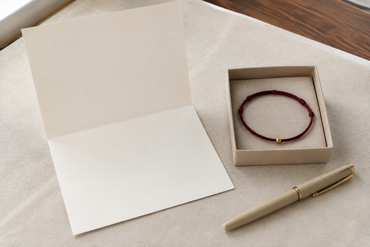 A blank card and a small cord bracelet sit beside an open gift box.