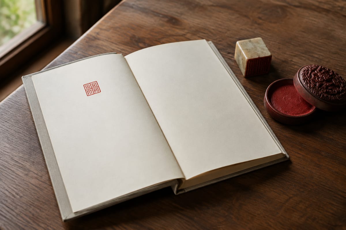 Open book with a stone collector seal and one abstract red owner mark