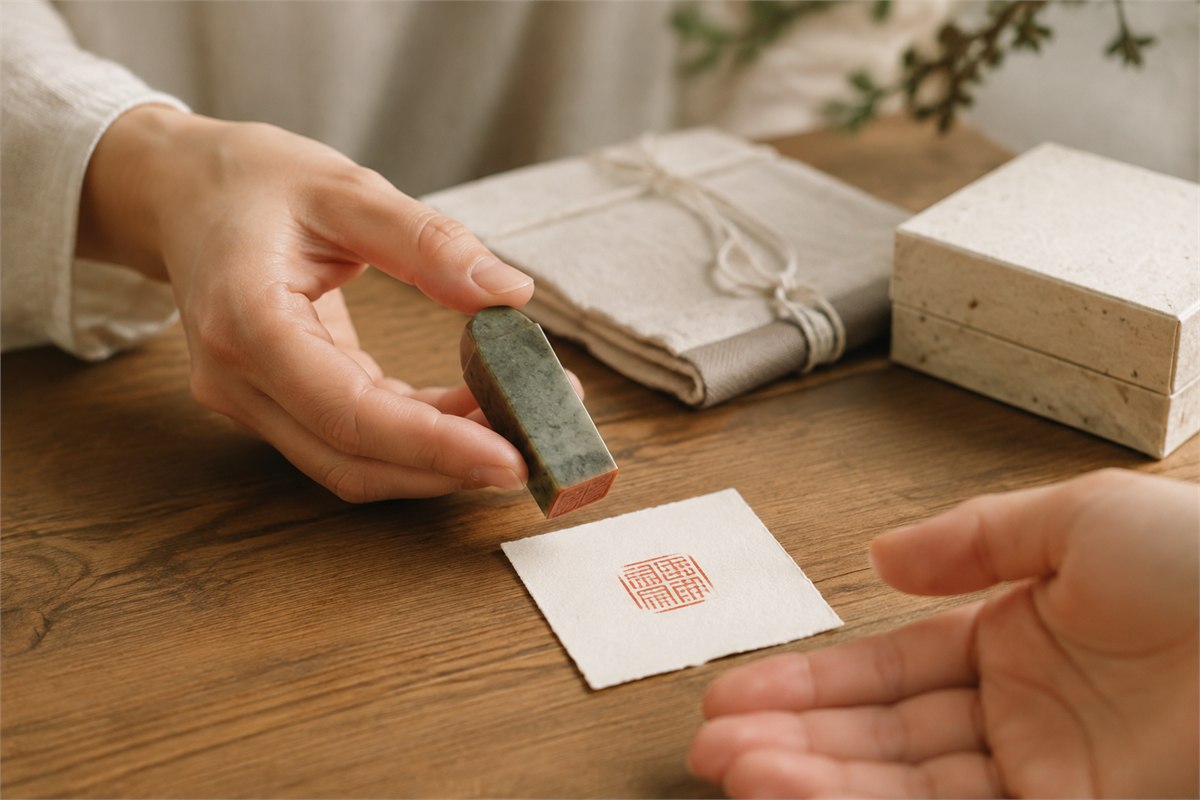 One person offering a stone seal beside its red impression and a simple paper gift box